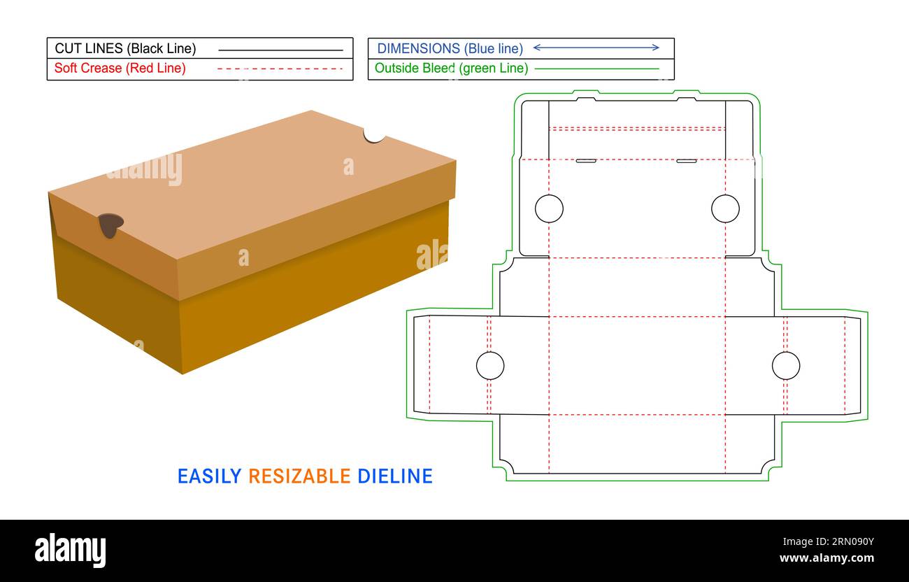 Karton Schuhkarton ohne Klebstoffbox, einfach und perfekt faltbare Karton mit Drucklinienschablone und 3D Karton Stock Vektor