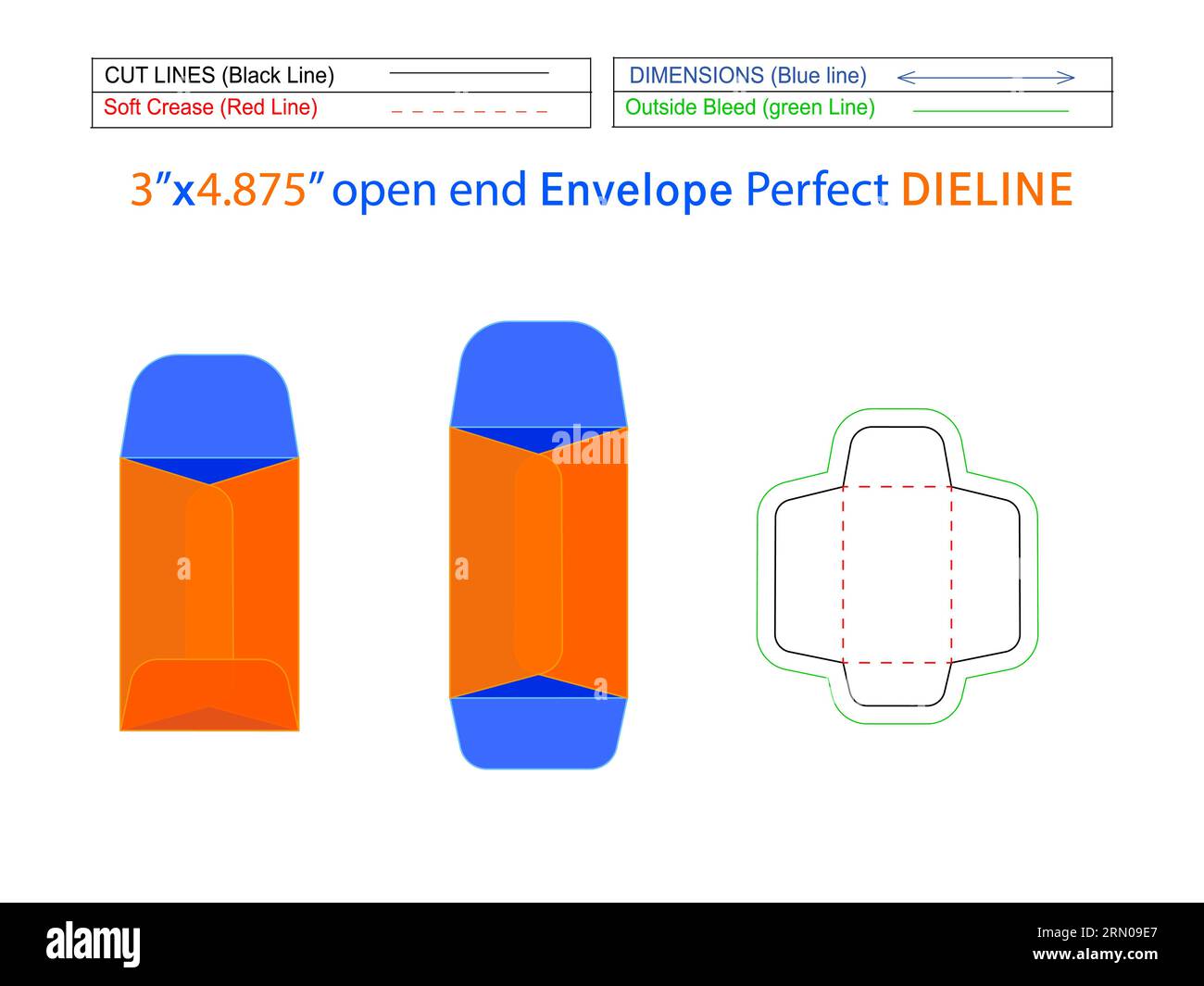 3x4,875-Zoll-Verpackung Katalogumschlag oder offenes Kuvert die-Line-Vorlage und 3D-Umschlag können leicht angepasst werden Stock Vektor