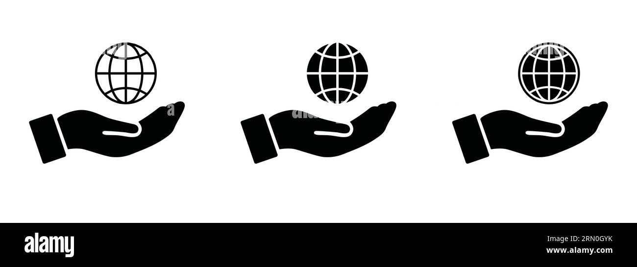 Globus-Symbol mit Hand-Symbol. internet-Symbol auf der Hand dreier-Set schwarz. Isoliertes www-Websymbol auf Hand-Vektor-Illustration. Stock Vektor