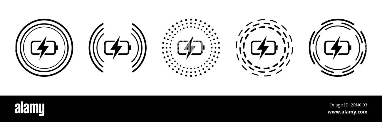 Symbolsatz für schnelles Laden mit fünf Designs in grüner Farbe. Konzept des kabellosen Ladegeräts. Symbole für kabelloses Aufladen. Symbol für Telefonladevorgang in Schwarz. Stock Vektor
