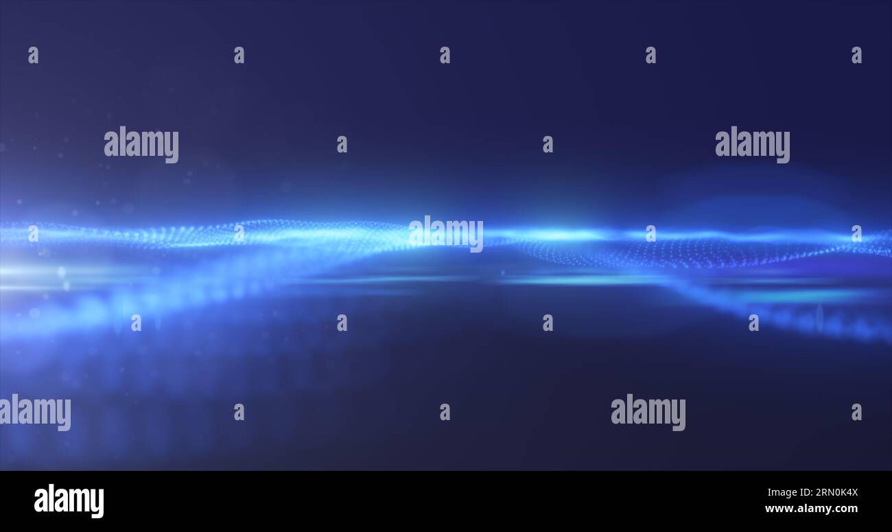 Abstrakte blaue Energieoberfläche mit magischen Wellen von Partikeln und Punkten mit Unschärfe- und Leuchteffekt abstrakter Hintergrund. Stockfoto