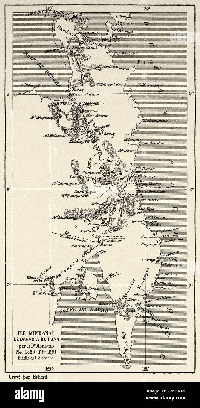 Karte der Insel Mindanao von Davao nach Butuan. Philippinen-Insel. Indonesien. Reise zu den Philippinen und Malaysia von Dr. J. Montano 1879-1881. Alte Gravur aus dem 19. Jahrhundert von Le Tour du Monde 1906 Stockfoto