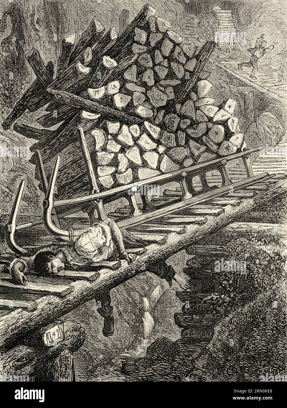 Schlüpfer des Waldes. Sledger wird von einer vollen Ladung Holz zu Tode gequetscht. Vogesen, Elsass, Haut-Rhin. Frankreich, Europa. Über Elsass und Lothringen bei Charles Grad 1884. Alte Gravur aus dem 19. Jahrhundert von Le Tour du Monde 1906 Stockfoto