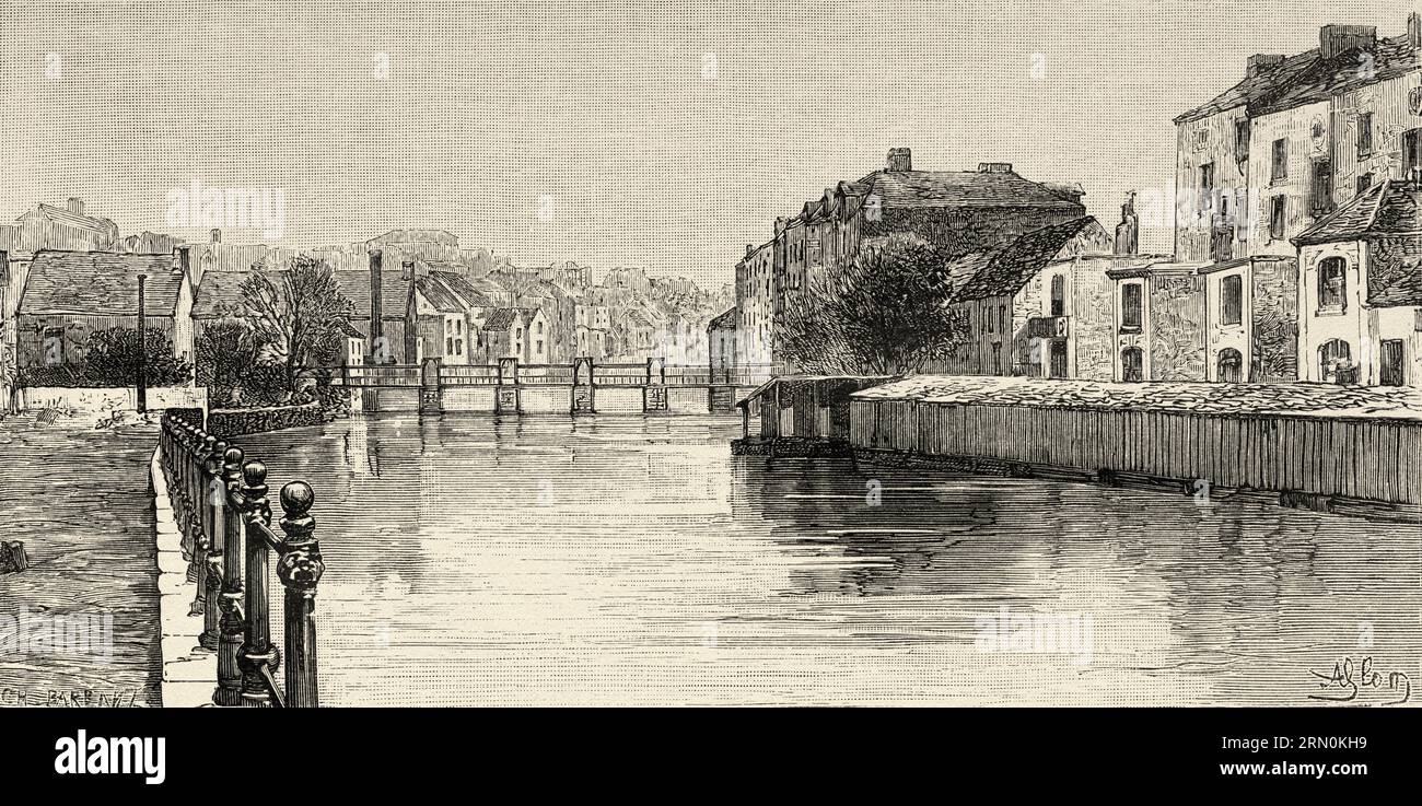 Der Fluss Sambre in Charleroi, Provinz Hennegau. Belgien, Europa. Reise nach Belgien mit Camille Lemonnier. Alte Gravur aus dem 19. Jahrhundert von Le Tour du Monde 1906 Stockfoto