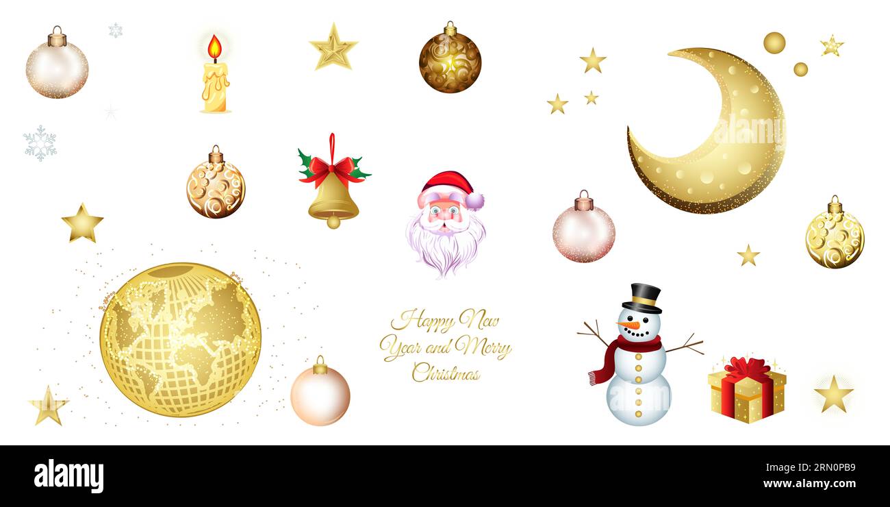 weihnachtsaufkleber in goldenen Blumen, Kerze, weihnachtsmann, Mond, Erde, weihnachtskugeln, Geschenk, Goldbox mit roter Schleife und Sternen fabelhaftes Bild christ Stockfoto