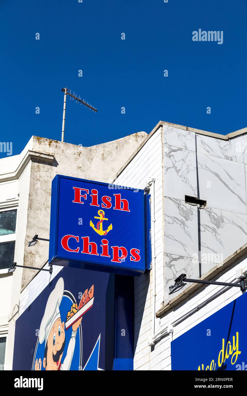 Schild am Fish & Chips Restaurant, Preston Street, Brighton, England Stockfoto
