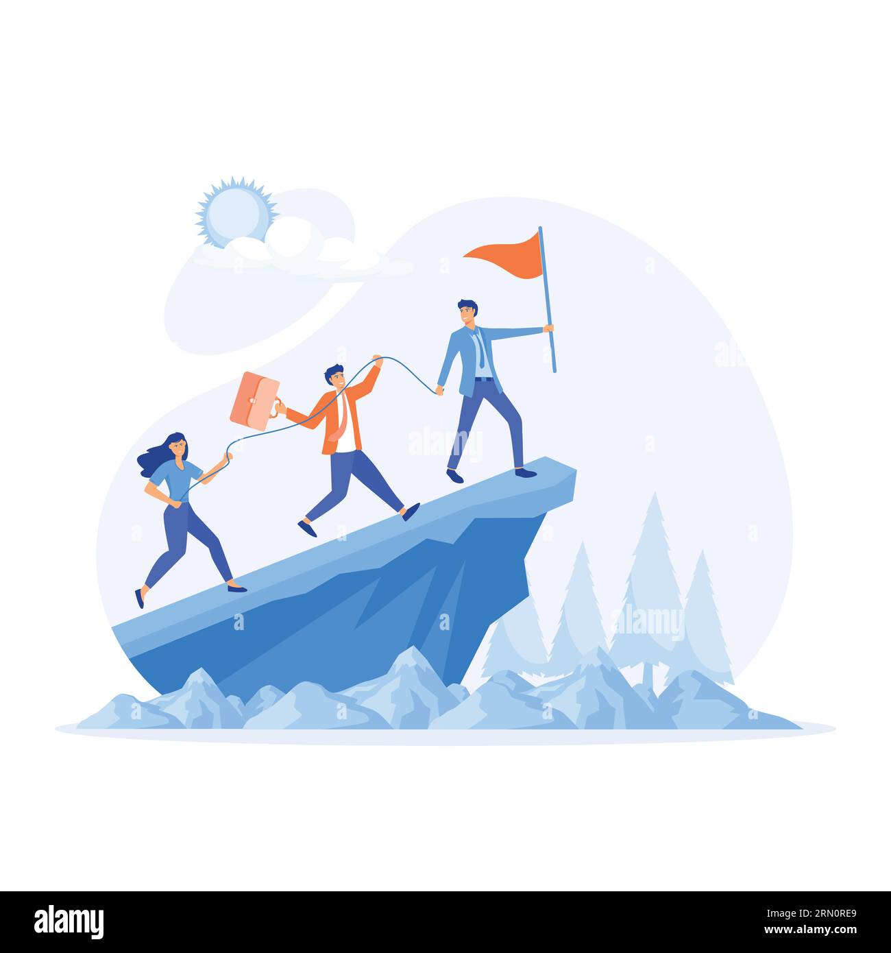 Geschäftskonzept von Führung und Teamarbeit, Leader hilft dem Team, die Klippe zu erklimmen und das Ziel zu erreichen, flache Vektor moderne Illustration Stock Vektor