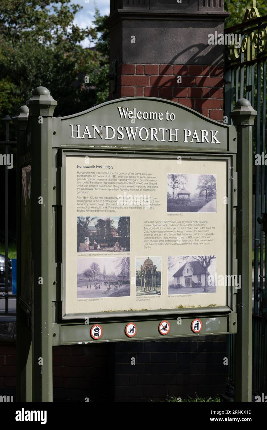 Willkommen im Handsworth Park Board, Handsworth, Birmingham, Großbritannien Stockfoto