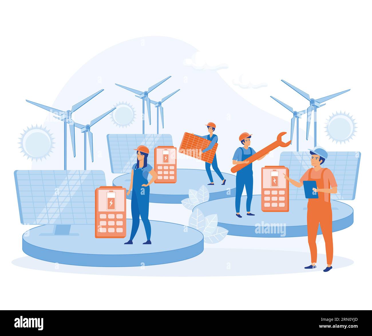 Konzept des Solarenergiesystems. Installation von Solarmodulen, Szene mit professionellem Team und Panels. Flache Vektor-moderne Illustration Stock Vektor