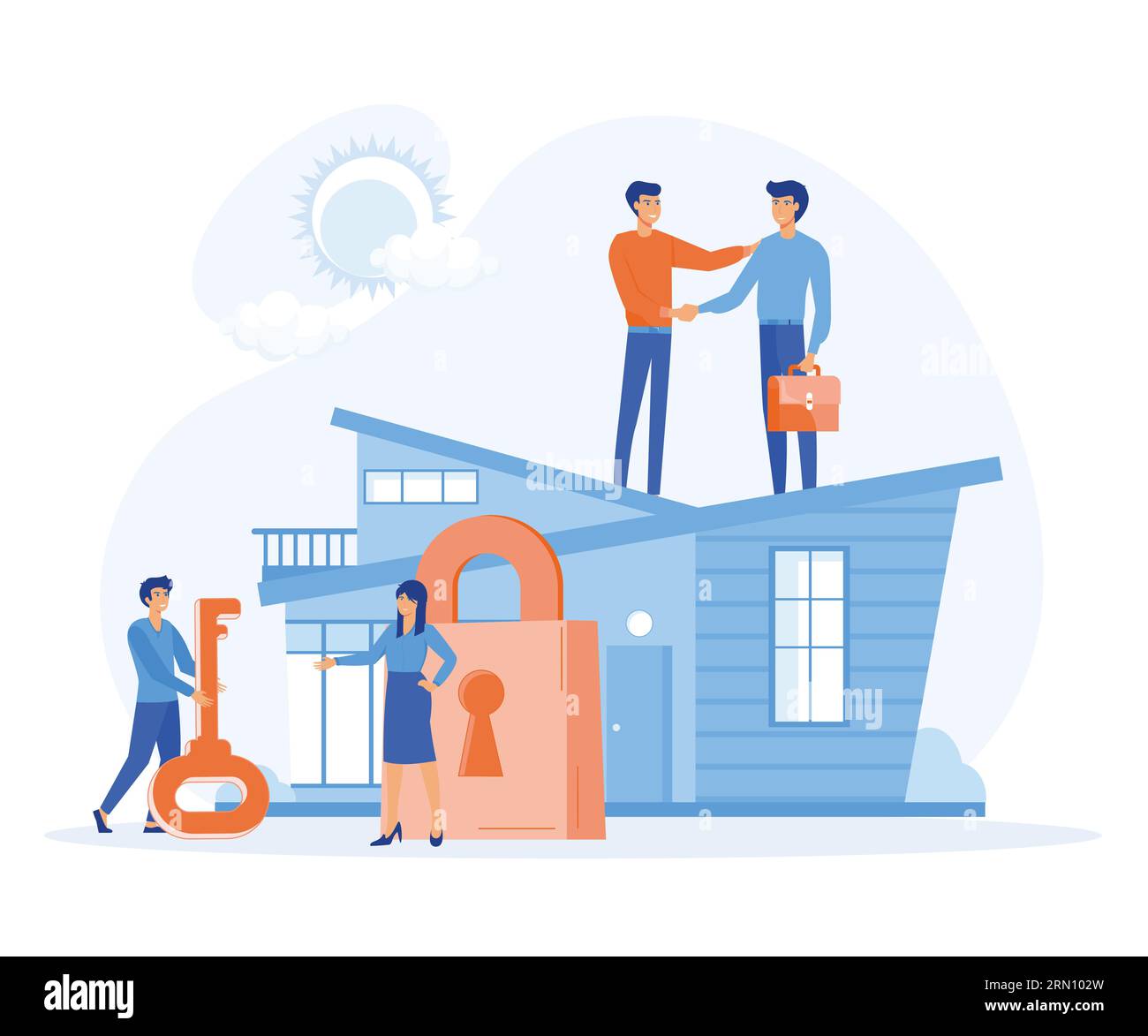 Kauf eines Hauses, Schutz und Sicherheit, Immobilien und schlüsselfertige Vermietung, flacher Vektor moderne Illustration Stock Vektor