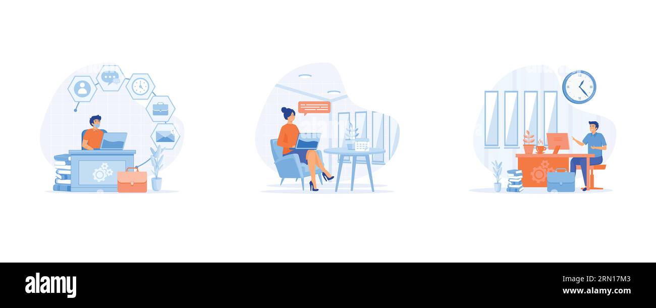 Home Office-Konzept. Arbeitet von zu Hause mit Laptop, Freelancer oder Blogger Home Office, Set Flat Vektor moderne Illustration Stock Vektor