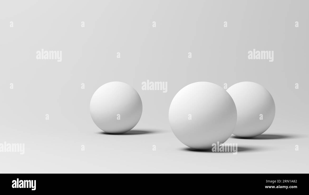 Kugeln auf weißem Hintergrund. Produktanzeige. Weiße Farbe. 3D-Abbildung. Stockfoto