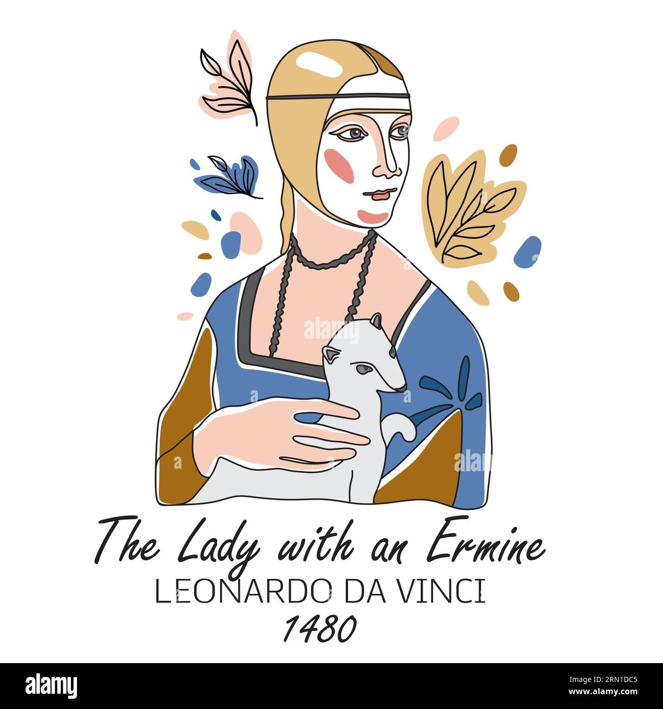 Die Dame mit einer Ermine. Vector Minimal Line Hand gezeichnete Illustration auf weiß. Symbol. Stock Vektor Die Dame mit einer Ermine. Vector Minimal Line Hand gezeichnete Illustration auf weiß. Symbol. Stock Vektor