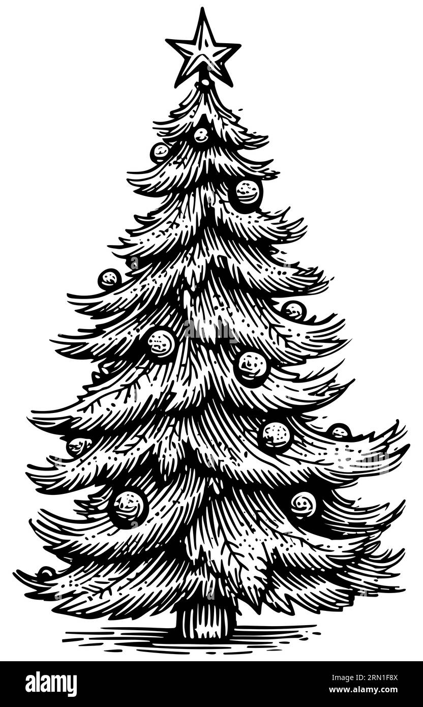 Holzschnitt-Illustration eines geschmückten Weihnachtsbaums. Stock Vektor