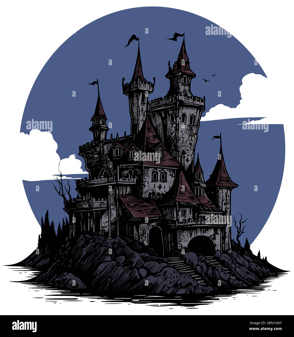 Illustration eines gruseligen dunklen Schlosses in der Nacht, isoliert auf weißem Hintergrund. Stock Vektor