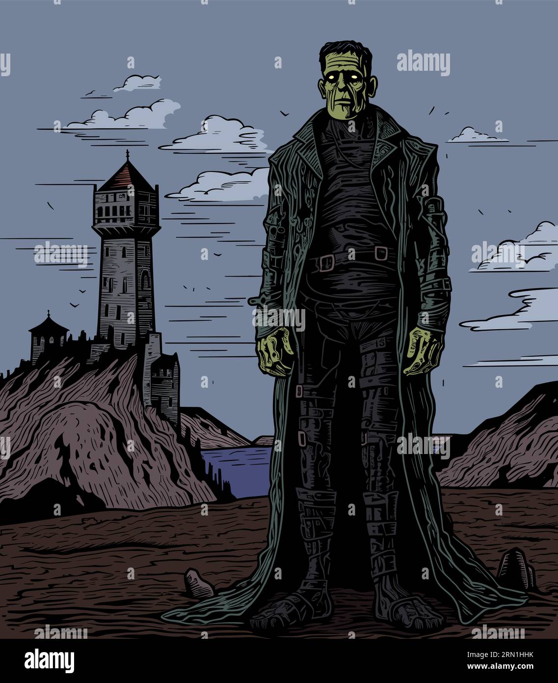 Illustration des Frankensteinmonsters, das vor der Burg seines Herrn steht. Stock Vektor