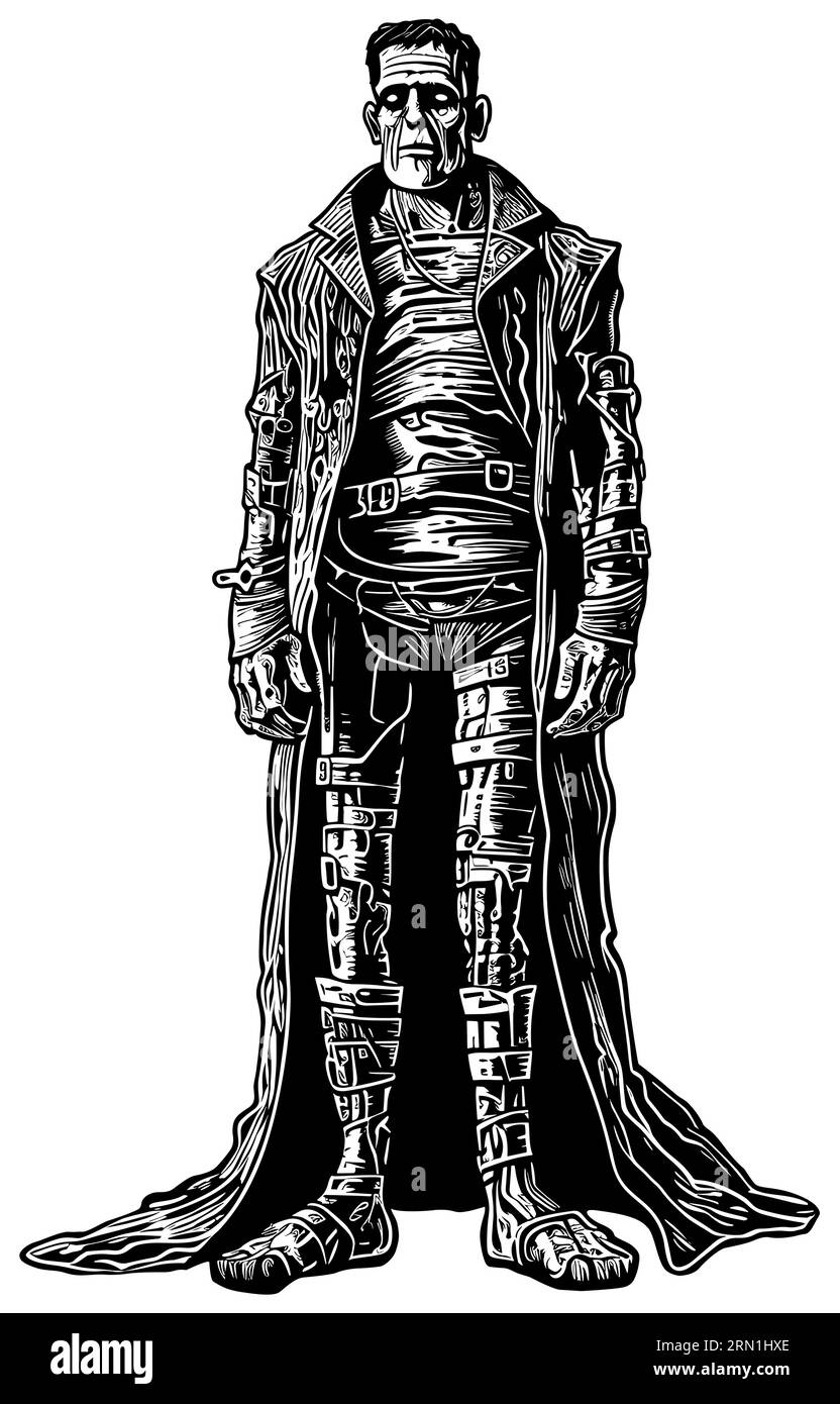 Holzschnitt-Illustration des Frankensteinmonsters isoliert auf weißem Hintergrund. Stock Vektor