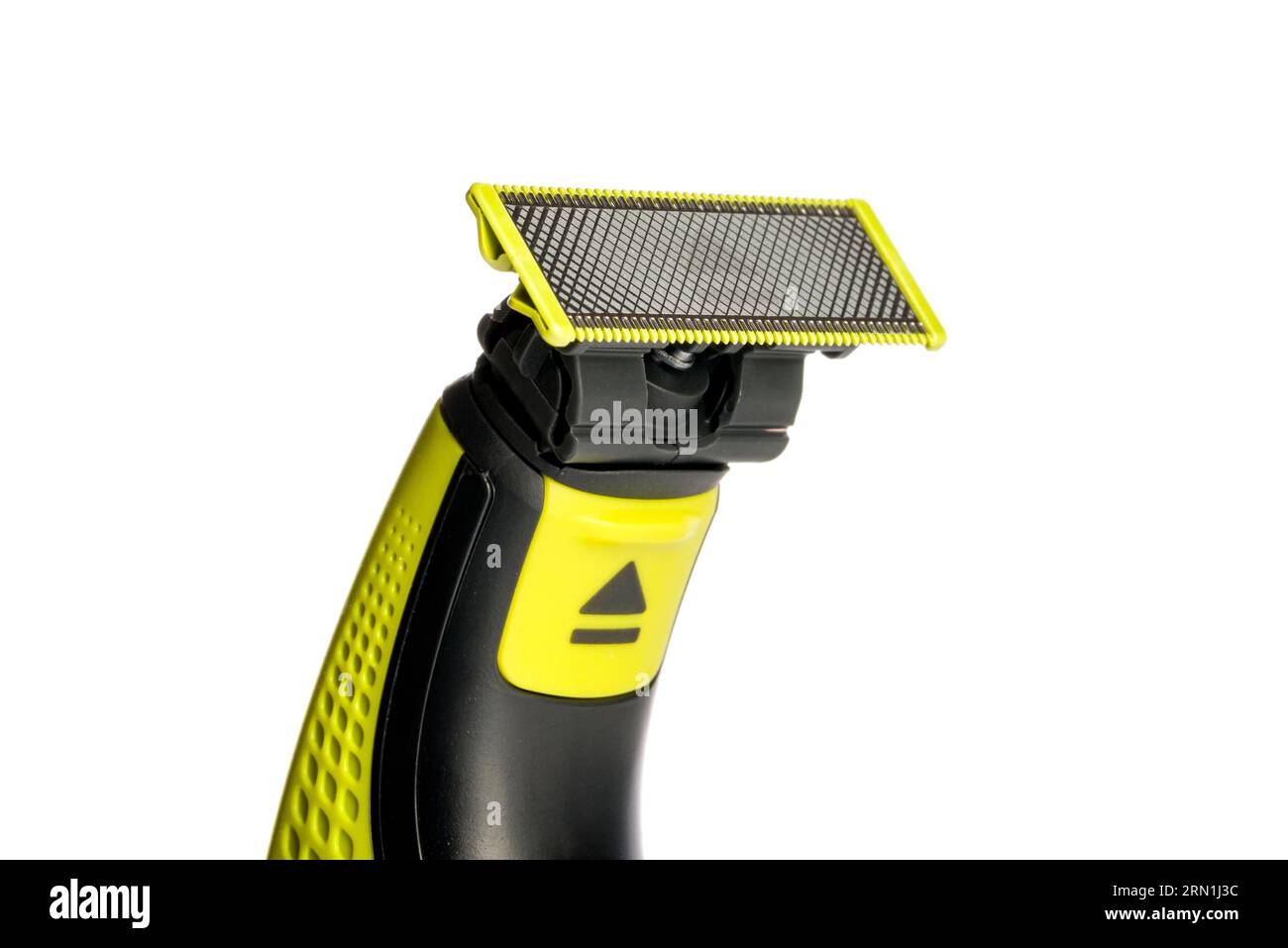 Wiederaufladbarer Elektrorasierer zum Rasieren und Trimmen von schwarzem und gelbem Bart Stockfoto