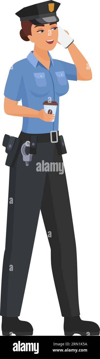 Polizistin telefoniert. Polizistin mit Kaffee-Cartoon-Vektor-Illustration zum Mitnehmen Stock Vektor