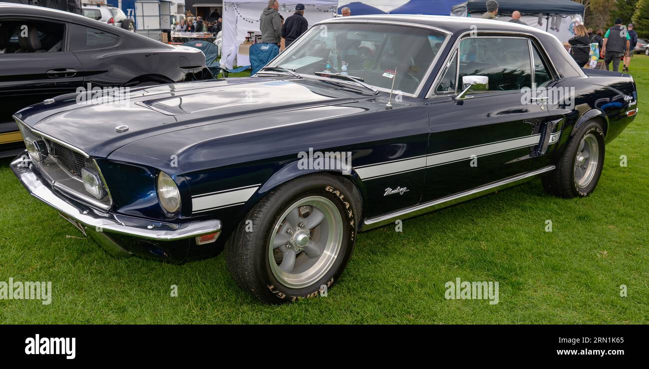 Ford Mustang 1970s Blue White Stripe Car Vintage Retro Show Shine Day Out, Melbourne Victoria Stockfoto