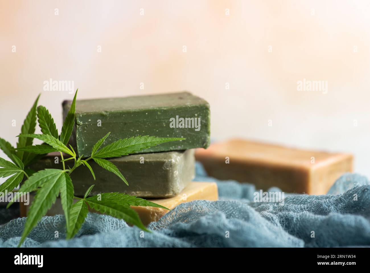 Verschiedene Seifen auf Marihuana-Basis, verziert mit frischen Marihuana-Blättern auf hellem Hintergrund Stockfoto