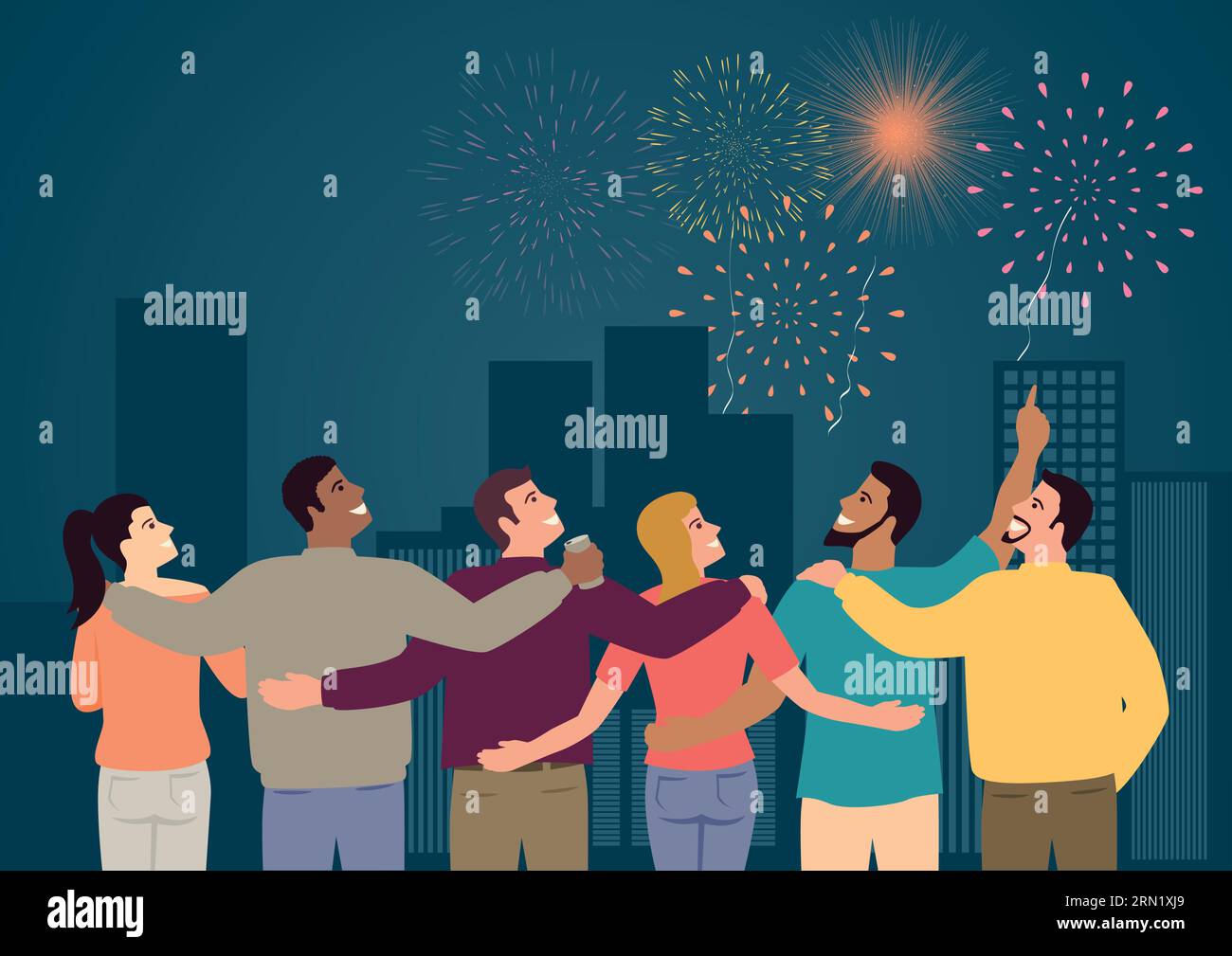 Einfache Vektor-Illustration von Gruppe von Freunden beobachten Feuerwerk Stock Vektor