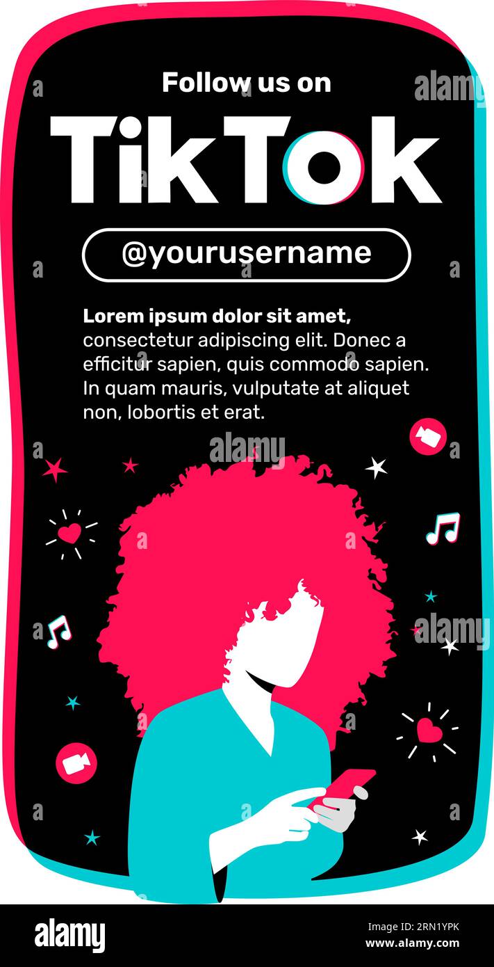 Tik tok folgt uns im Format der vertikalen Banner Stories. Illustration einer Frau mit Smartphone.cool Vektorvorlage für Ihr soziales Netzwerk. Stock Vektor