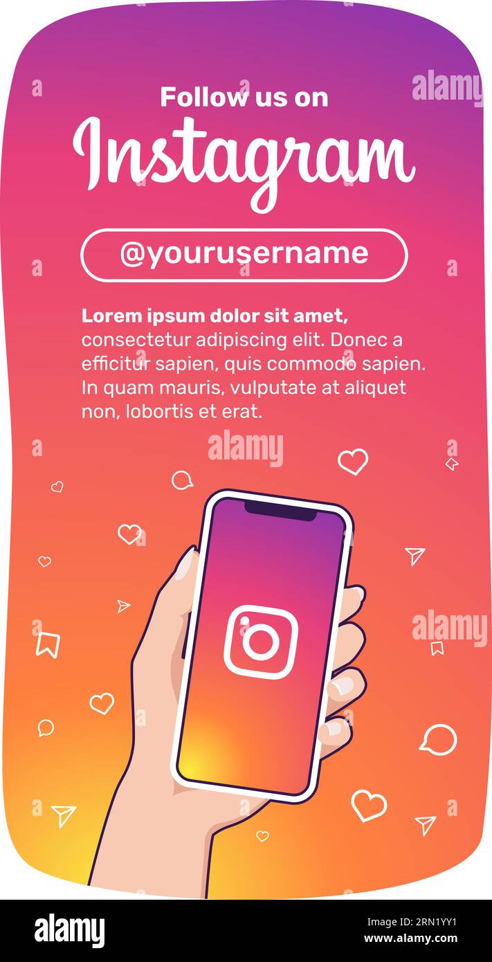 Instagram Follow US vertikales Webbanner. Hand einer Frau, die ein Smartphone mit Instagram-Logo auf dem Bildschirm hält. Vektorillustration. Flache Farben Stock Vektor