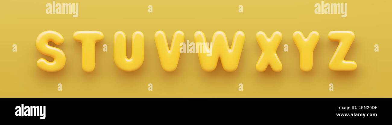 3D gelbe Großbuchstaben S, T, U, V, W, x, Y und Z mit glänzender Oberfläche auf gelbem Hintergrund . Stock Vektor