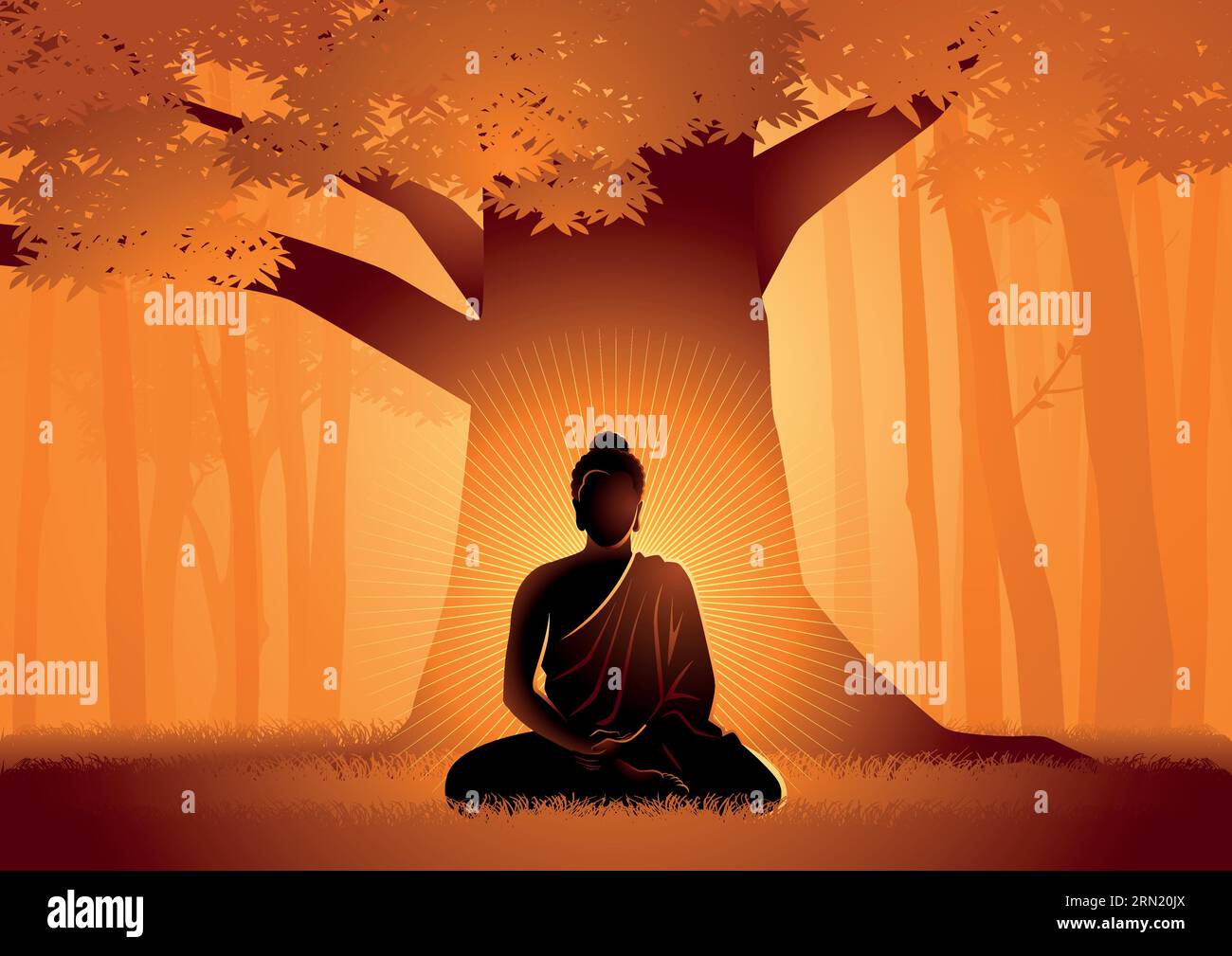 Vektor-Illustration von Siddhartha Gautama erleuchtet unter Bodhi Baum, Erleuchtung des Buddha unter dem Bodhi Baum Stock Vektor