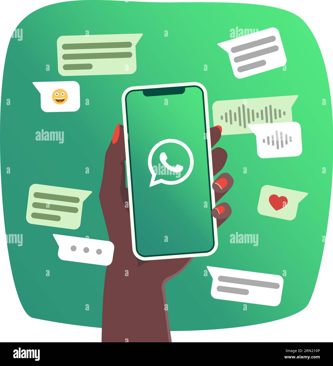 Hand einer Frau, die ein Smartphone mit Whatsapp-Logo auf dem Bildschirm hält. Elemente der Chat-Kommunikation. Vektorillustration. Flache Farben. Stock Vektor