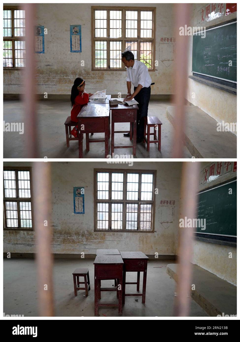 (150130) -- JINXI, 30. Januar 2015 -- das obere Foto, das am 19. Mai 2014 aufgenommen wurde, zeigt Gong Weizhen, den einzigen Schüler in der Grundschule des Dorfes Hougong in der Klasse von Zhen Zhengyin, den einzigen Lehrer der Schule und das untere Foto, das am 27. Januar aufgenommen wurde, 2015 zeigt ein leeres Klassenzimmer der Schule im Jinxi County in der ostchinesischen Provinz Jiangxi. Die Zahl der Schüler in vielen ländlichen Grundschulen wie der Hougong Village Primary School ist zurückgegangen, da immer mehr ländliche Familien aufgrund der Urbanisierung Schulen in der Stadt oder Stadt bevorzugen. ) (WYL) CHINA-JIANGXI-GRUNDSCHULE-URBANISIERUNG (CN) CHENXZIXI Stockfoto