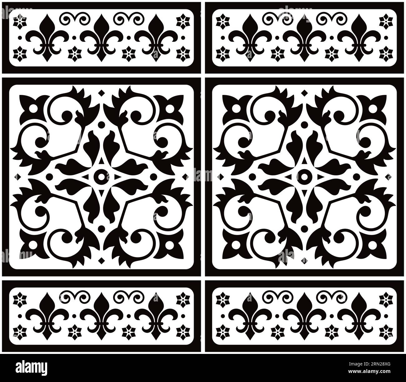 Azulejo Fliese im Lissabonner Stil nahtloses Vektor-Schwarz-weiß-Muster, elegantes dekoratives Design, inspiriert von Kunst aus Portugal, mit floralen und geometrischen m Stock Vektor