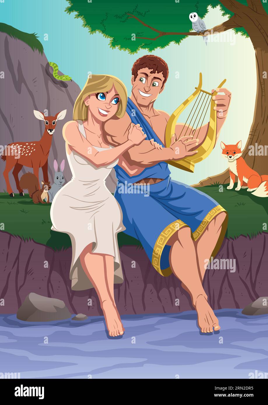 Orpheus singt und spielt die Lyre zu seiner geliebten Eurydice, während er von wilden Tieren umgeben ist, um sein Lied zu hören. Stock Vektor