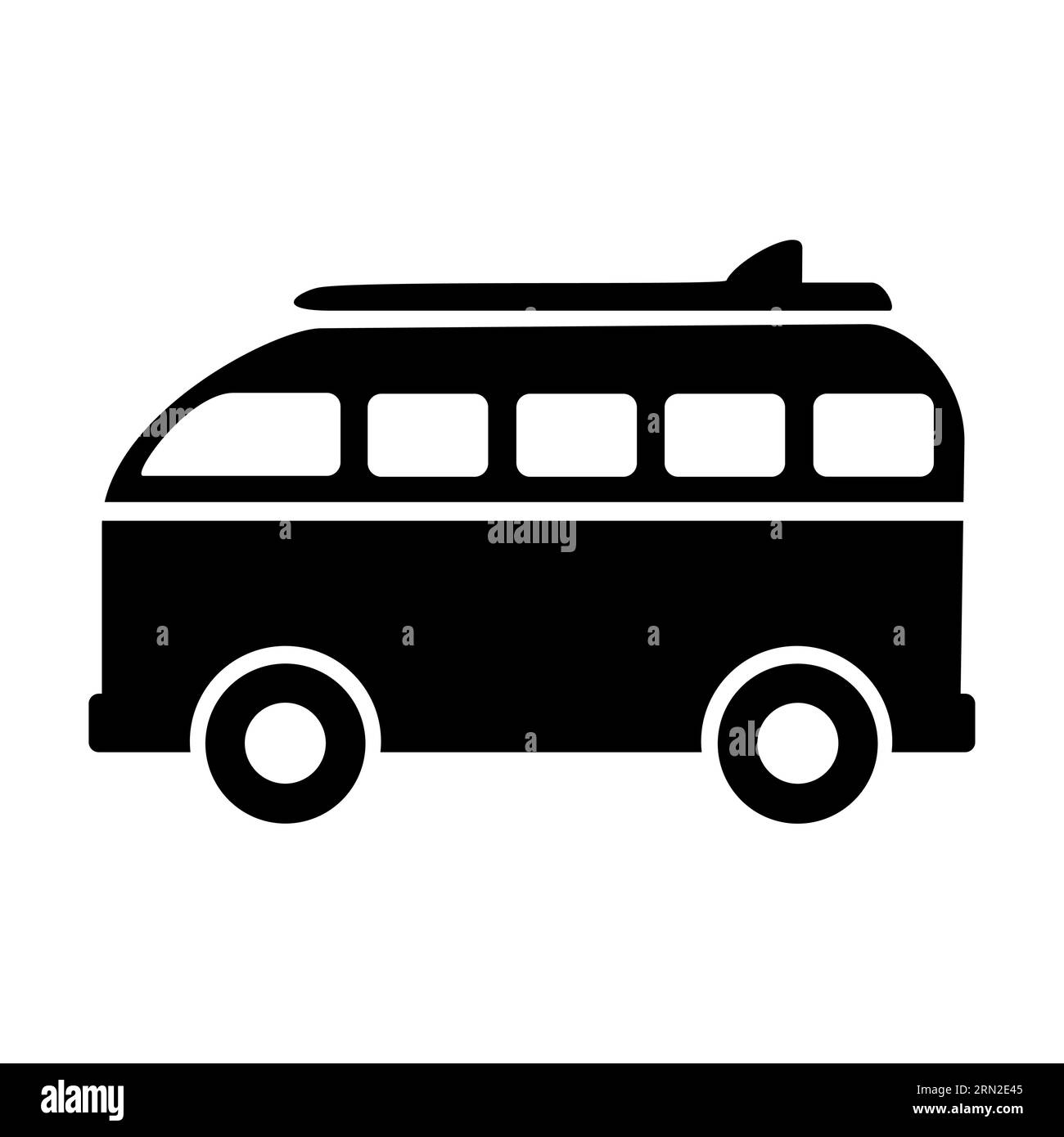 Schwarze Silhouette eines Tourenwagens mit Surfbrett auf dem Dach Stock Vektor