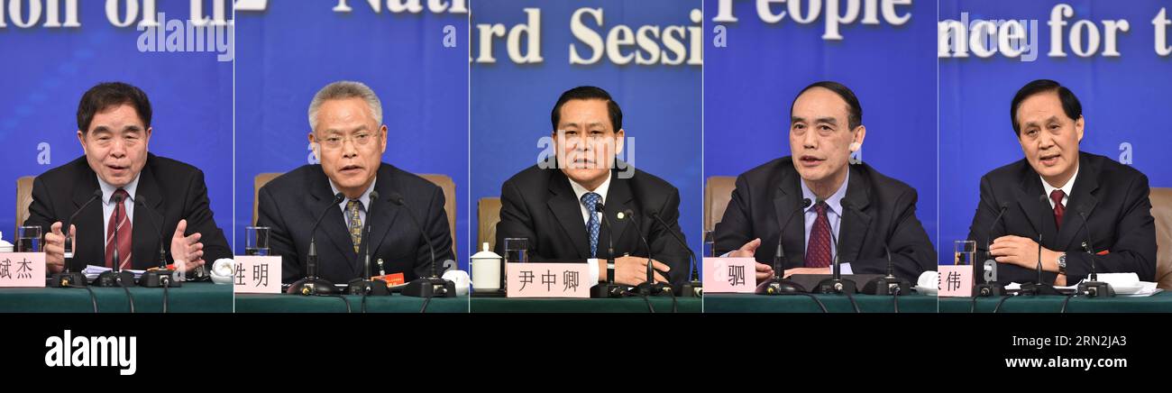 (150310) -- PEKING, 10. März 2015 () -- das Kombinationsfoto vom 10. März 2015 zeigt (L-R) Liu Binjie, Wang Shengming, Yin Zhongqing, Yuan Si, Liu Zhenwei, fünf hochrangige Mitglieder der Sonderausschüsse des Nationalen Volkskongresses Chinas (NPC), die eine Pressekonferenz für die dritte Sitzung des 12. NPC in Peking, Hauptstadt Chinas, am 10. März 2015 halten. () (yxb) (ZWEI SITZUNGEN)CHINA-PEKING-NPC-PRESSE KONFERENZ-SONDERAUSSCHÜSSE(CN) Xinhua PUBLICATIONxNOTxINxCHN Peking 10. März 2015 das Kombinationsfoto vom 10. März 2015 zeigt Liu Binjie Wang Shengming Yin Zhongqing Yu Stockfoto