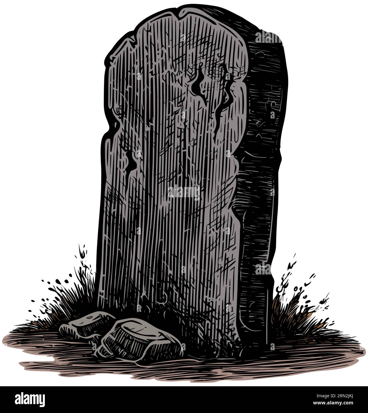 Holzschnitt-Illustration eines gruseligen Grabsteins isoliert auf weißem Hintergrund. Stock Vektor