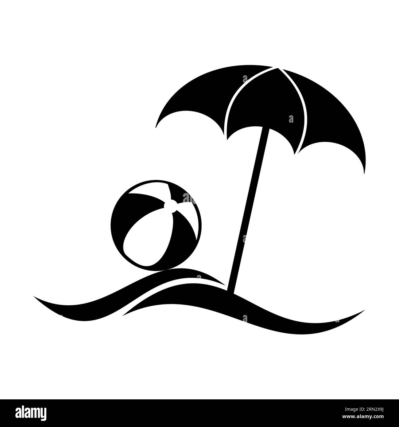 Schwarze Silhouette des Sandstrandes mit Sonnenschirm und Ball Stock Vektor