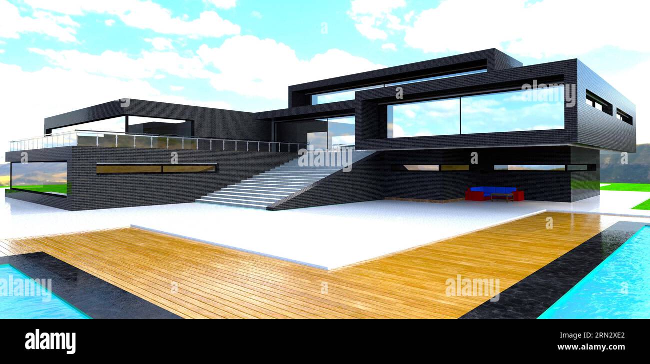 Deckelbereich in der Nähe des Swimmingpools vor dem modernen Haus mit schwarzen Ziegelsteinen außen. 3D-Rendering. Stockfoto
