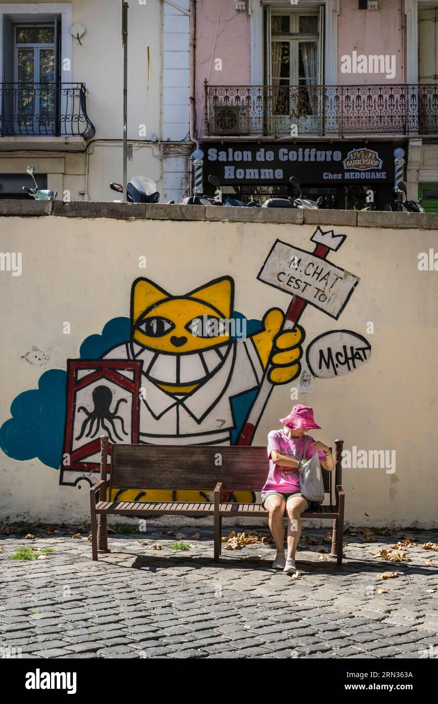 Frankreich, Herault, Sete, Quartier Haut (Oberes Viertel), Wandgemälde, die Teil des MACO (Musee à ciel ouvert) ist - Freilichtmuseum, This Is You (Chat c'EST toi) des Künstlers Mr Chat on Place Léon Blum Stockfoto