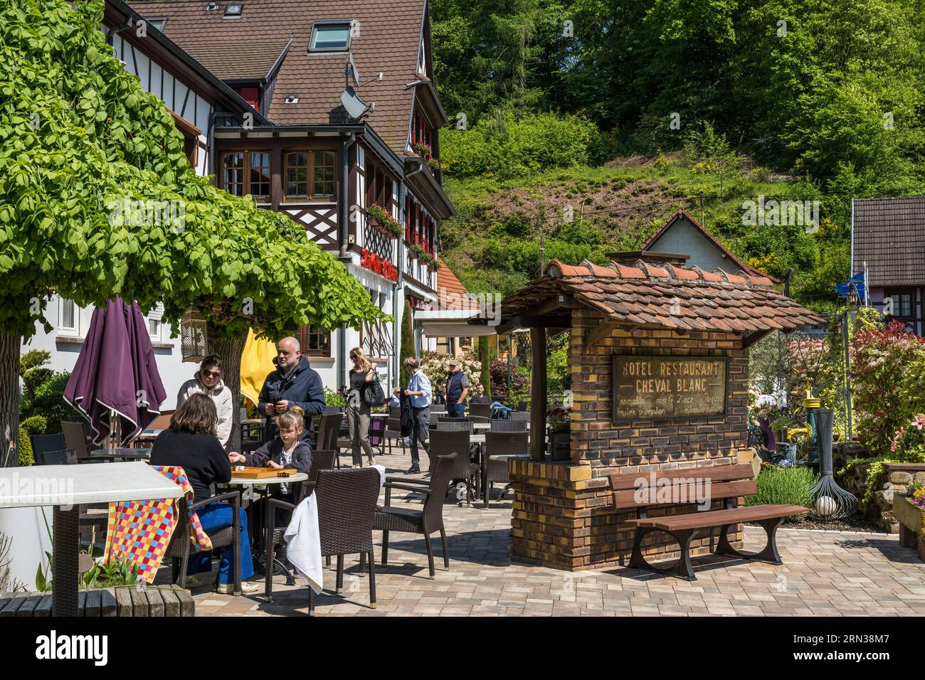 Frankreich, Unterrhein, regionaler Naturpark der Nordvogesen, Niedersteinbach, Terrasse des Hotelrestaurants Le Cheval Blanc Stockfoto
