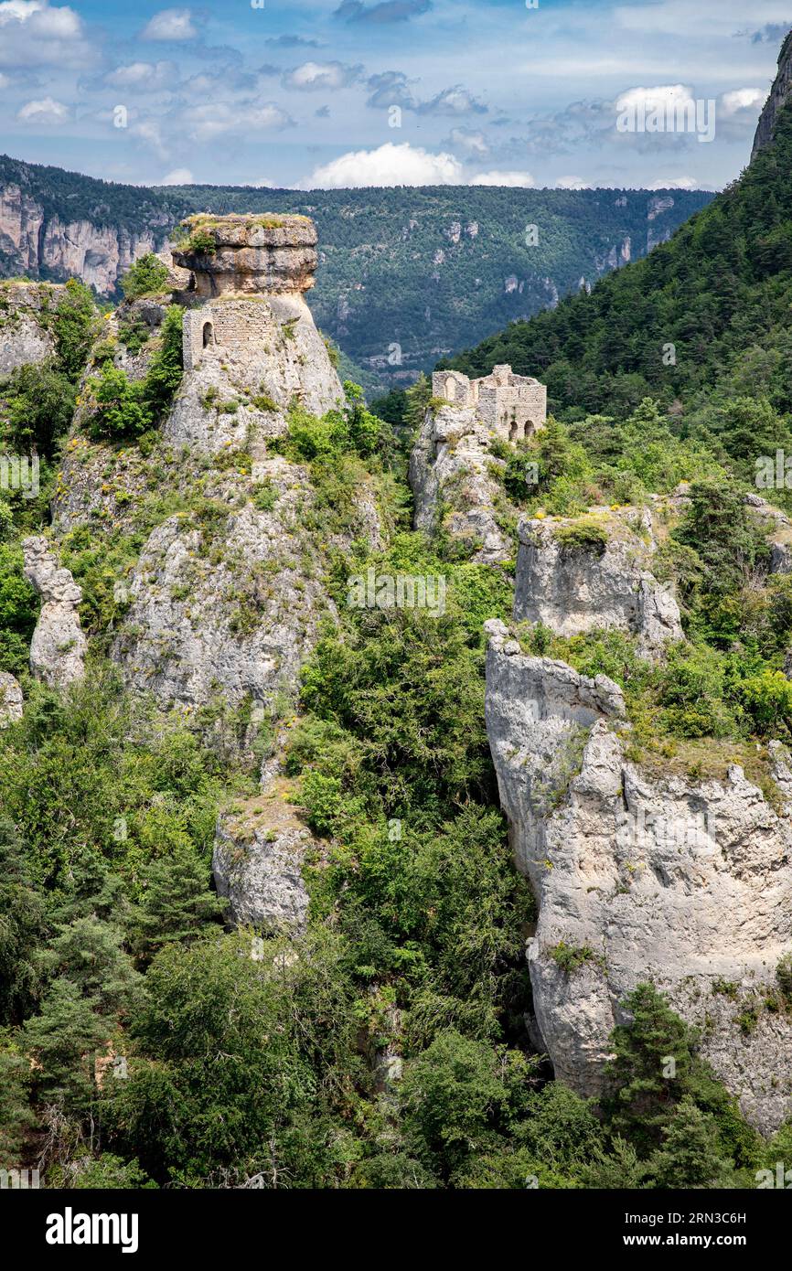 Frankreich, Aveyron, Peyreleau, Gorges de la Jonte, die Causses und die Cevennen, Kulturlandschaft der mediterranen Agropastoralismus, UNESCO-Weltkulturerbe, Ruinen der Einsiedelei Saint-Michel Stockfoto