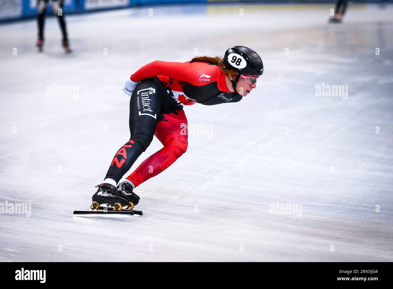 Dresden, 3. Februar 2019: Kanadischer Skater nimmt an der ISU Short Track Speed Skating World Cup in Dresden Teil Stockfoto