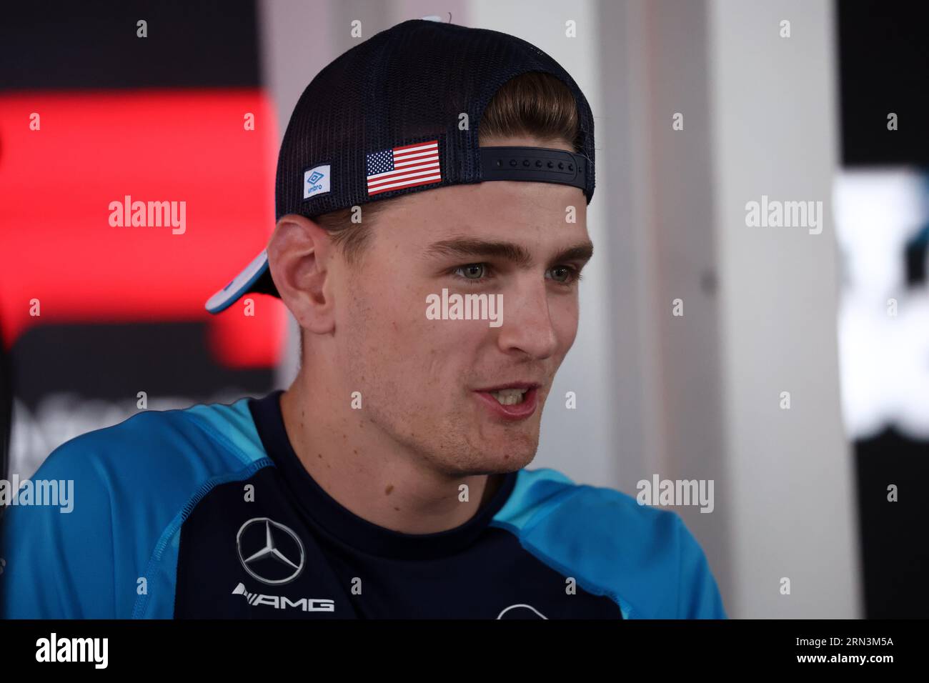 Monza, Italien. August 2023 31. Logan Sargeant von Williams Racing während der Pressekonferenz im Vorfeld des F1 Grand Prix von Italien auf der Autodromo Nazionale am 31. August 2023 in Monza, Italien. Dank: Marco Canoniero/Alamy Live News Stockfoto