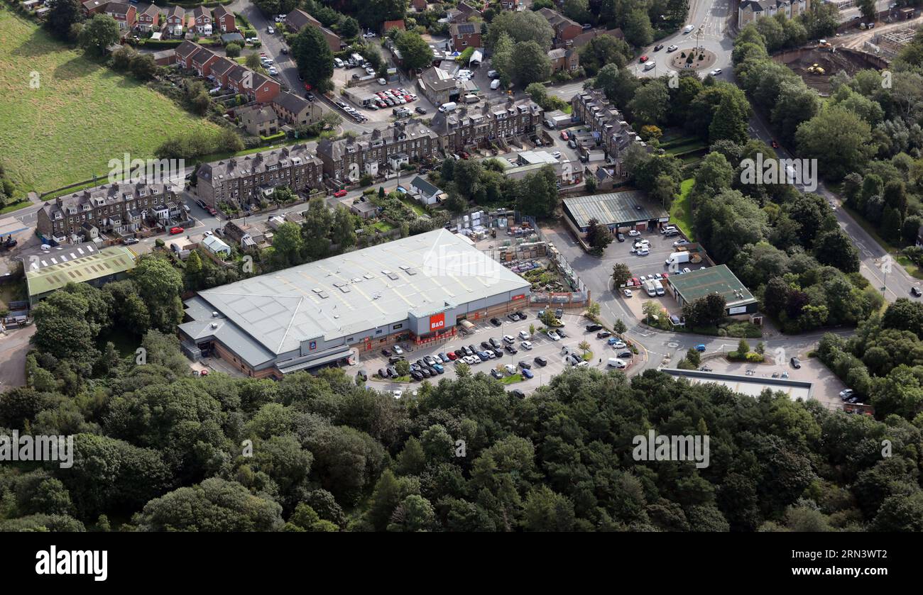 Luftaufnahme von B&Q Harrogate und Aldi auf der Skipton Road, Harrogate, North Yorkshire Stockfoto