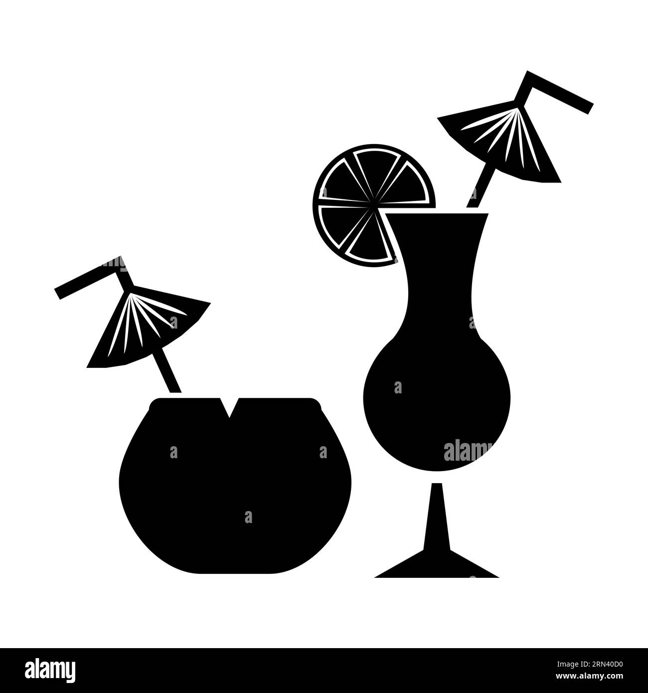 Schwarze Silhouette von Cocktails in Kokosnussschale und hohem Tumbler Stock Vektor