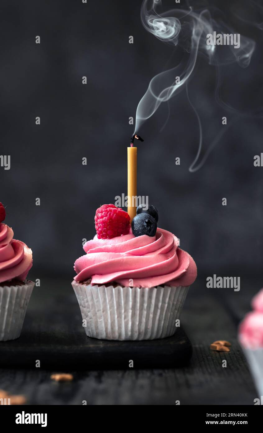 Schokoladen-Cupcakes mit rosafarbenem Frosting und Beeren. Ein großer Cupcake hat eine Geburtstagskerze, die ausgeblasen wurde, und es kommt Rauch davon. Stockfoto