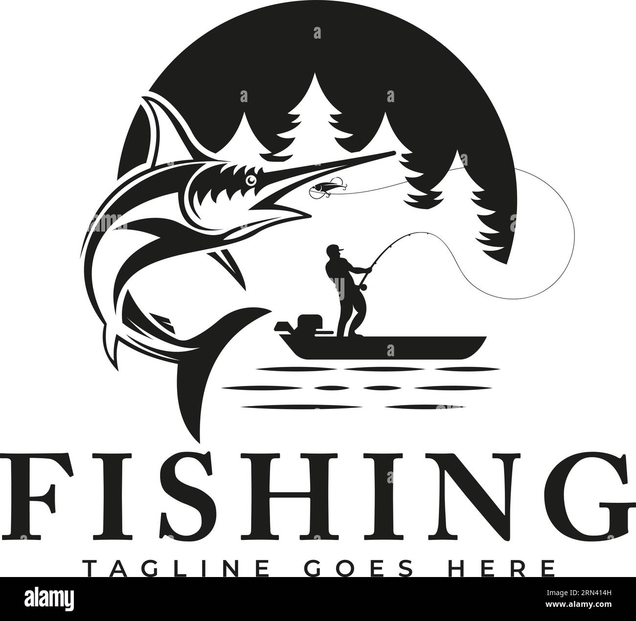 Angeldesign-Vorlage Illustration Schwertfisch springt aus dem Wasser, geeignet für die Verwendung als Fischereitätigkeit. Sport Fishing Logo Stock Vektor
