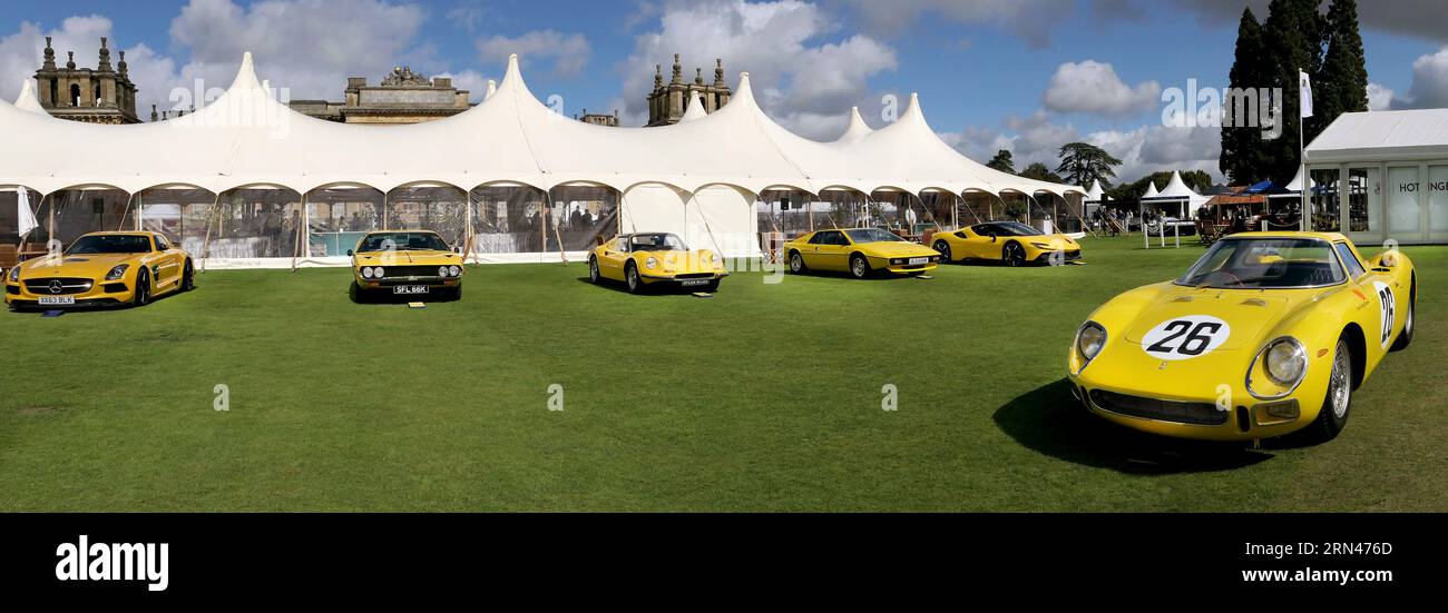 Die gelbe Sammlung von Autos auf dem Salon Prive Concours 2023 im Blenheim Palace Woodstock Oxfordshire UK Stockfoto