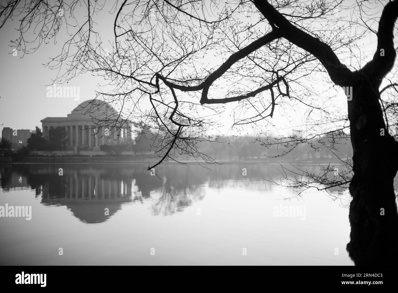 WASHINGTON DC, Vereinigte Staaten – Ein Schwarzweißfoto des Jefferson Memorial. Das Jefferson Memorial ist eine ikonische Hommage an den dritten US-Präsidenten Thomas Jefferson. Dieses neoklassizistische Denkmal mit Blick auf das Tidal Basin ist ein Zeugnis von Jeffersons Beiträgen zu den Gründungsprinzipien der Nation. Stockfoto